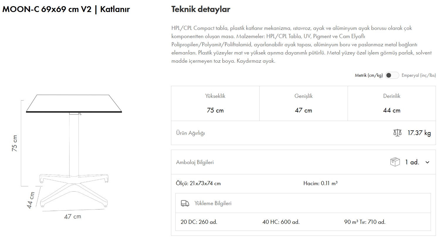 Moon-C Masa 69x69 V2 Katlanır